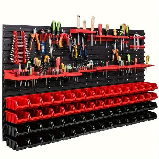 Heavy-Duty Garage Workshop Tool Organizer Shelf - Wall-Mounted Storage Rack with Red Shelves, Hooks & Hanging Boards - Space-Saving Garage Organization System, Sturdy Construction for Workshop, Professional or Home Use - Easy