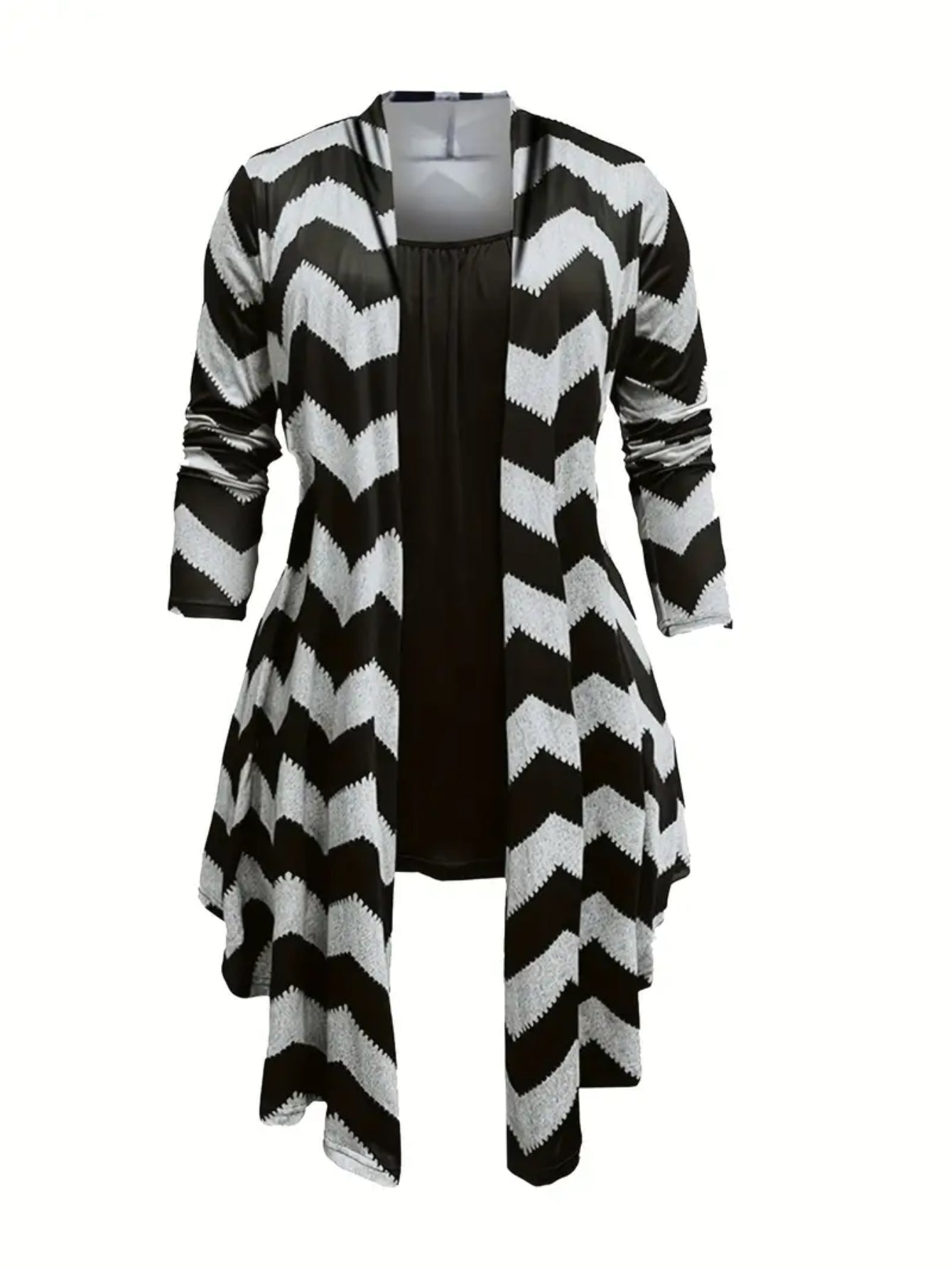 Women's 3pcs Chevron Striped Winter Set - Asymmetric Cardigan, Camisole Top & Leggings Pants | Black & White Contrast Matching Outfit for Fall/Winter, Casual to Dressy Wear, Hand Washable Coordinated Ensemble