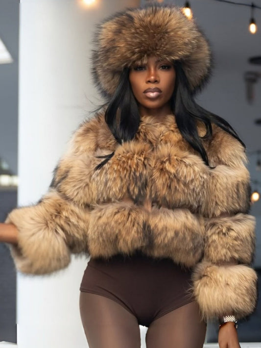 GlOURI Women's Brown Faux Fur Cropped Jacket - Luxurious Plush Oversized Vegan Coat, H-Line Short Winter Jacket for Parties, Evening Events & Streetwear | Hand Washable Non-Stretch Outerwear