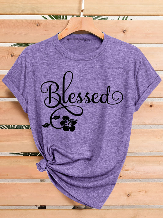 Women's Casual Short Sleeve T-Shirt - Blessed Floral Print Retro Style, Soft Stretch Round Neck Top, Machine Washable All-Season Comfort, Multi-Color Options S-XXL, Ladies T Shirts