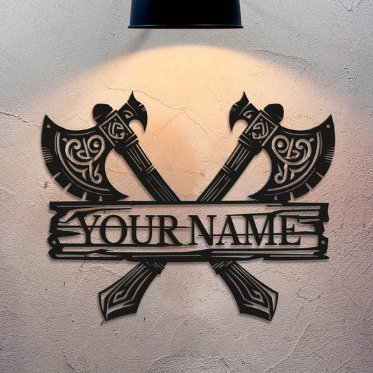 Custom Viking-Style Metal Wall Sign - Personalized Name with Crossed Axes Design, Black Aged Finish, Horizontal Rustic Metal Art for Living Room, Halloween, Christmas & Thanksgiving Home Decor