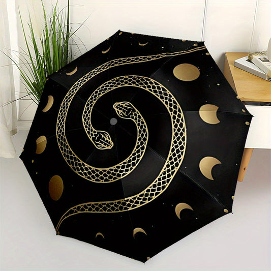 1pc Automatic Open/Close Umbrella with One-Touch Button, Folding Compact Travel Umbrella, Sturdy 8-Rib Canopy, Lightweight Portable Design, Elegant Black & Golden serpent & moon phases pattern - Windproof for Commuting, Forma