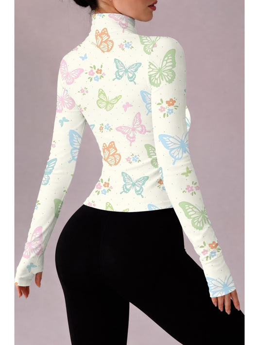 Women'S Yoga Jacket For Spring, Autumn, And Winter | Fashionable, Easy, Body-Hugging Fitness Top Suitable For Pilates, Outdoor Running, And Cycling | Quick-Drying, Breathable, Stretchy, Button- Shirt With All Over Print