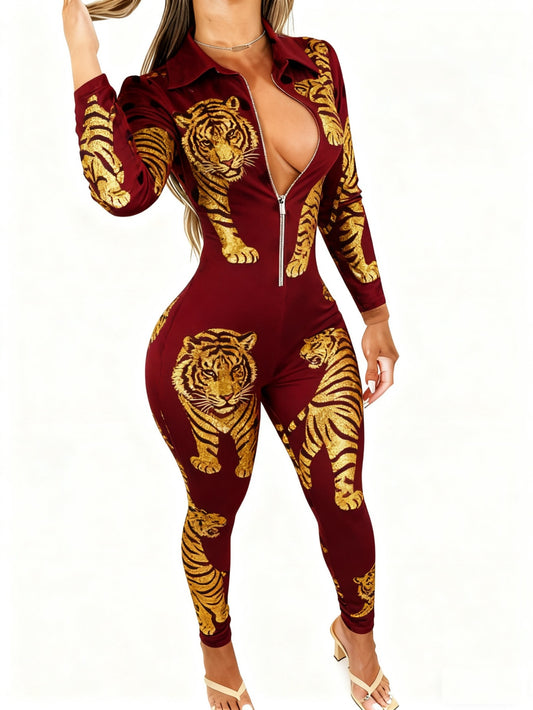 Plus Size - Women'S 4-Season Long Sleeve Jumpsuit | Zipper Design, Lightweight Style with Cute Animal Print, Perfect for Daily Outings & Casual Wear, Slight Stretch Fabric, All-Over Print