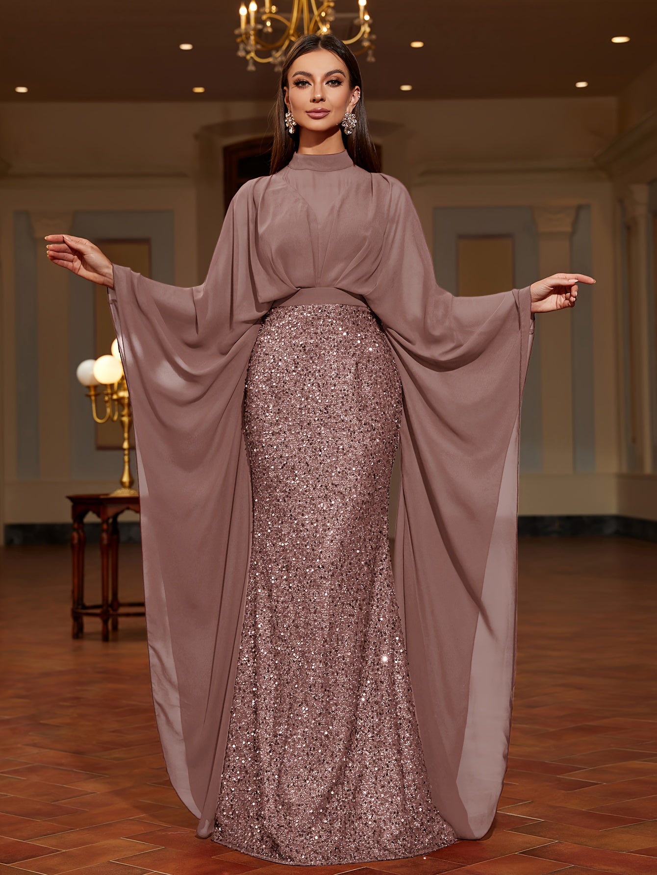 A Stand-Collar Chiffon Dress with Sequins, an Elegant And Stylish Long Dress for Women, Perfect for Parties, New Style for 2025, Evening Gown for Women, Performance Dress for Hosts, Bridesmaid Dress, Prom Evening Gown, Concer