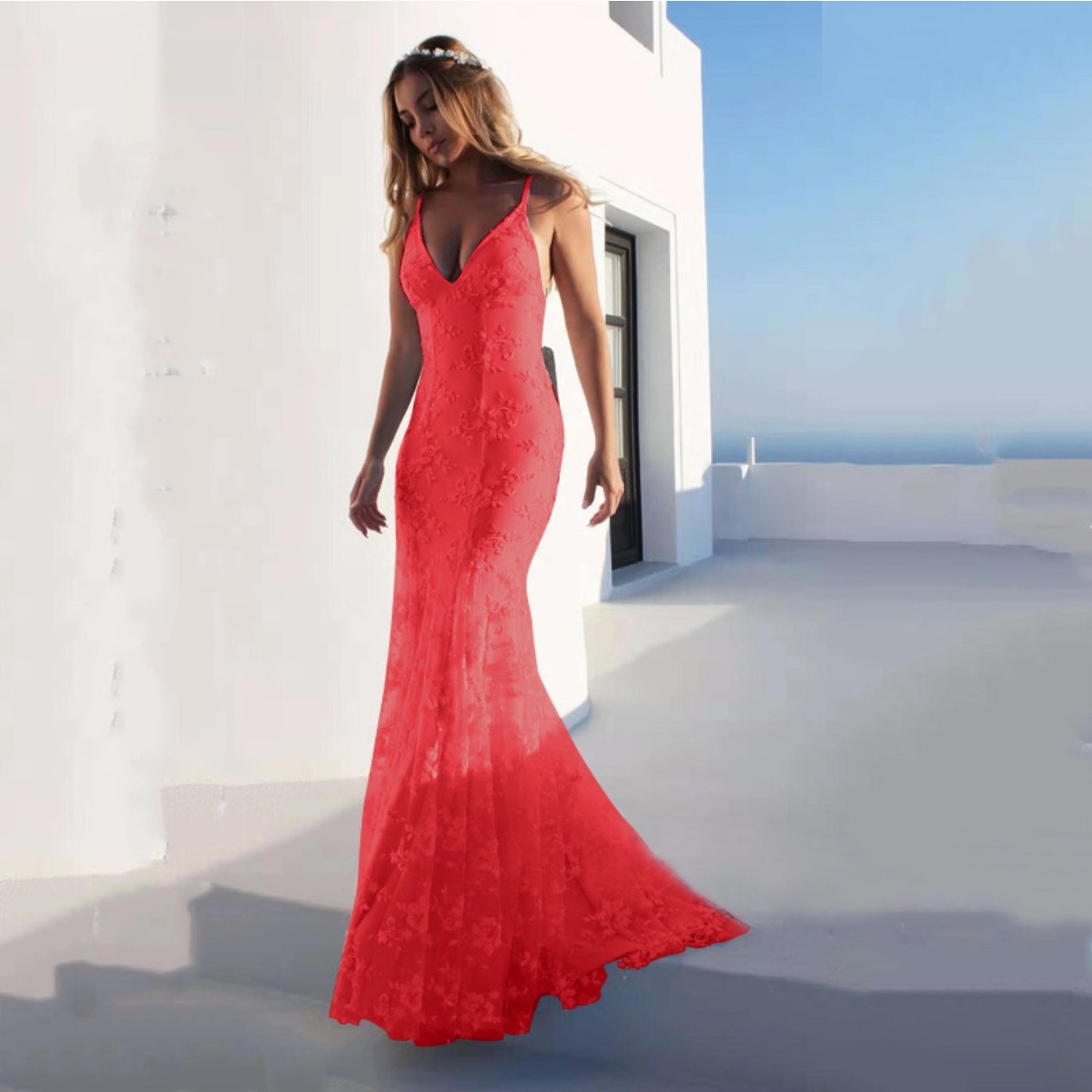 Elegant Formal Gown | Sleeveless Spaghetti Strap White Maxi Dress with V Neck - Perfect for Wedding Guest, Gala Dinner & Engagement Party