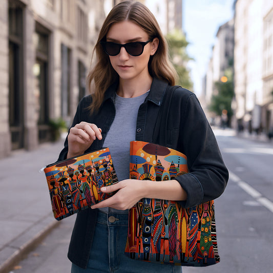 2pcs African Ethnic Pattern Tote Bag Set, Includes Large Capacity Tote Bag and Coin Purse Two-Piece Set. Multifunctional Travel Shopping Shoulder Bag and Makeup Bag (Toiletry Bag), Suitable for Travel, Shopping, Commuting, Pa