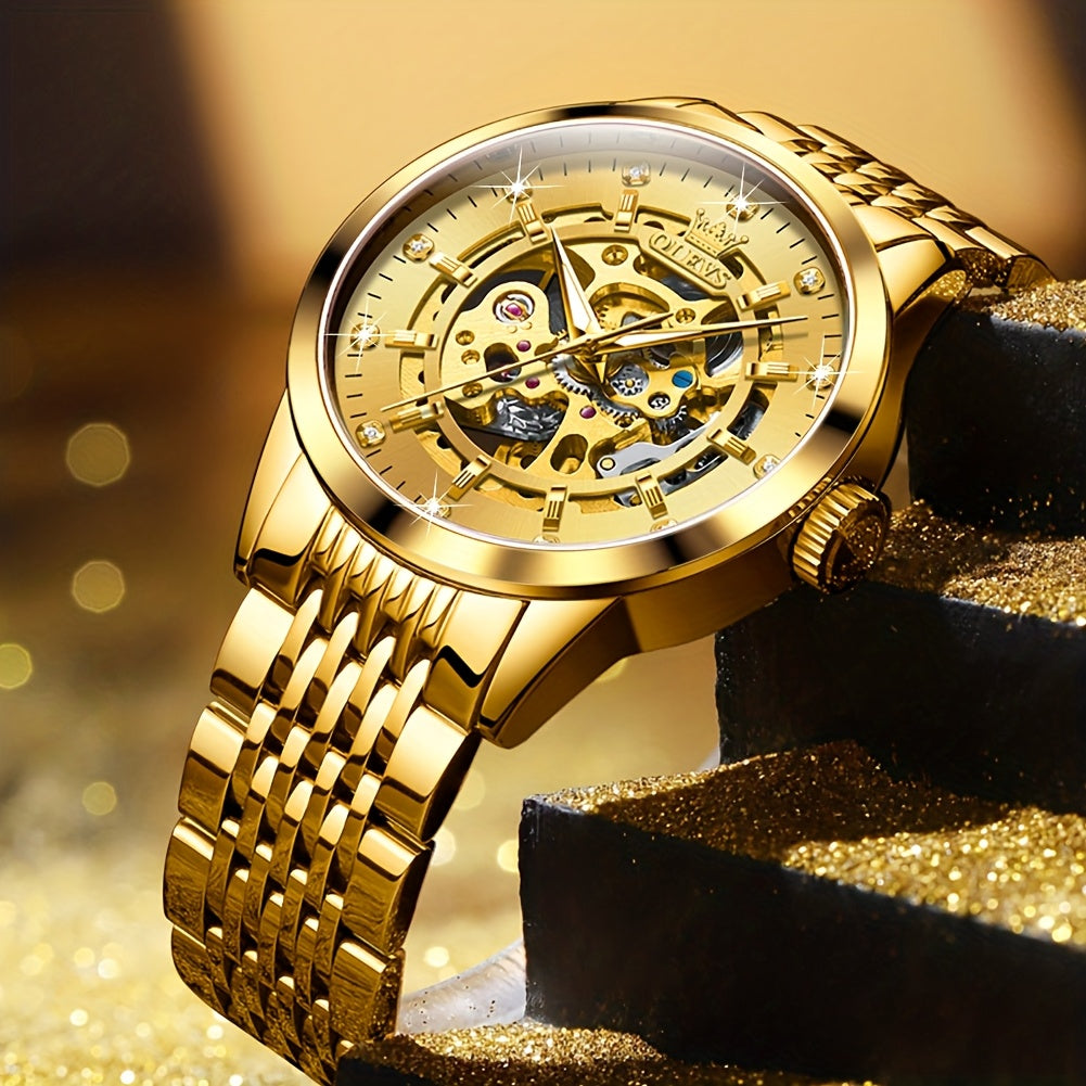 OLEVS Men'S Luxury Skeleton Watch - Automatic Mechanical Self-Winding, Luminous Hands & Double-Sided Openwork Case, Stainless Steel Business Chronograph Watch with Exposed Movement, No Battery/Electricity-Free Operation for F