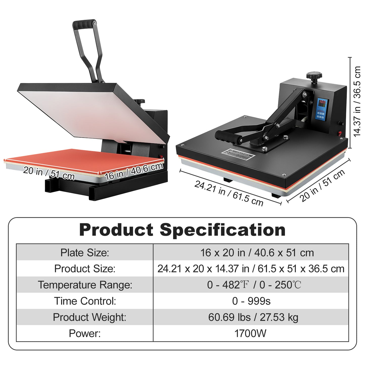 VEVOR 1700W Heat Press, 16x24/15x15/16x20in Power Heat Press Machine, High Pressure Fast Heating Heat Press Machine for T-Shirt, Digital Industrial Sublimation Printer for Heat Transfer Vinyl, Easy to Use, Black