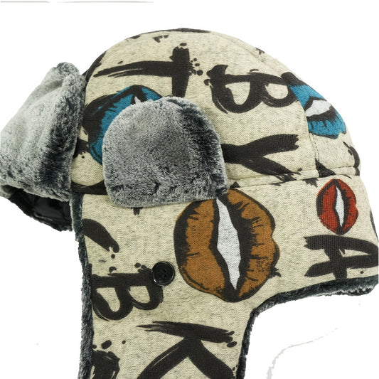 Unisex Winter Warm Beanie with Graffiti Lettering & Fur Ears - Enhanced Cold Protection, Ice-Safe for Cycling, iceskating, icy activities – Grey/Black Yellow Streetwear Style Easy to Maintain Hand wash / Dry Clean Unisex Au