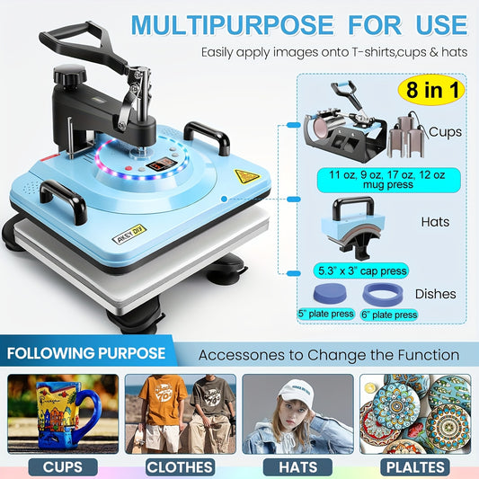 Advanced 8-in-1/ 5-in-1 - 15"x12" Heat Press Machine Set, Multi-Size Transfer Professional Sublimation Combination, With DUAL-TUBE HEATING And LED Lights, Suitable For T-shirts, Bags, Pillows, Hats, Beanies, Roller - Rotatabl