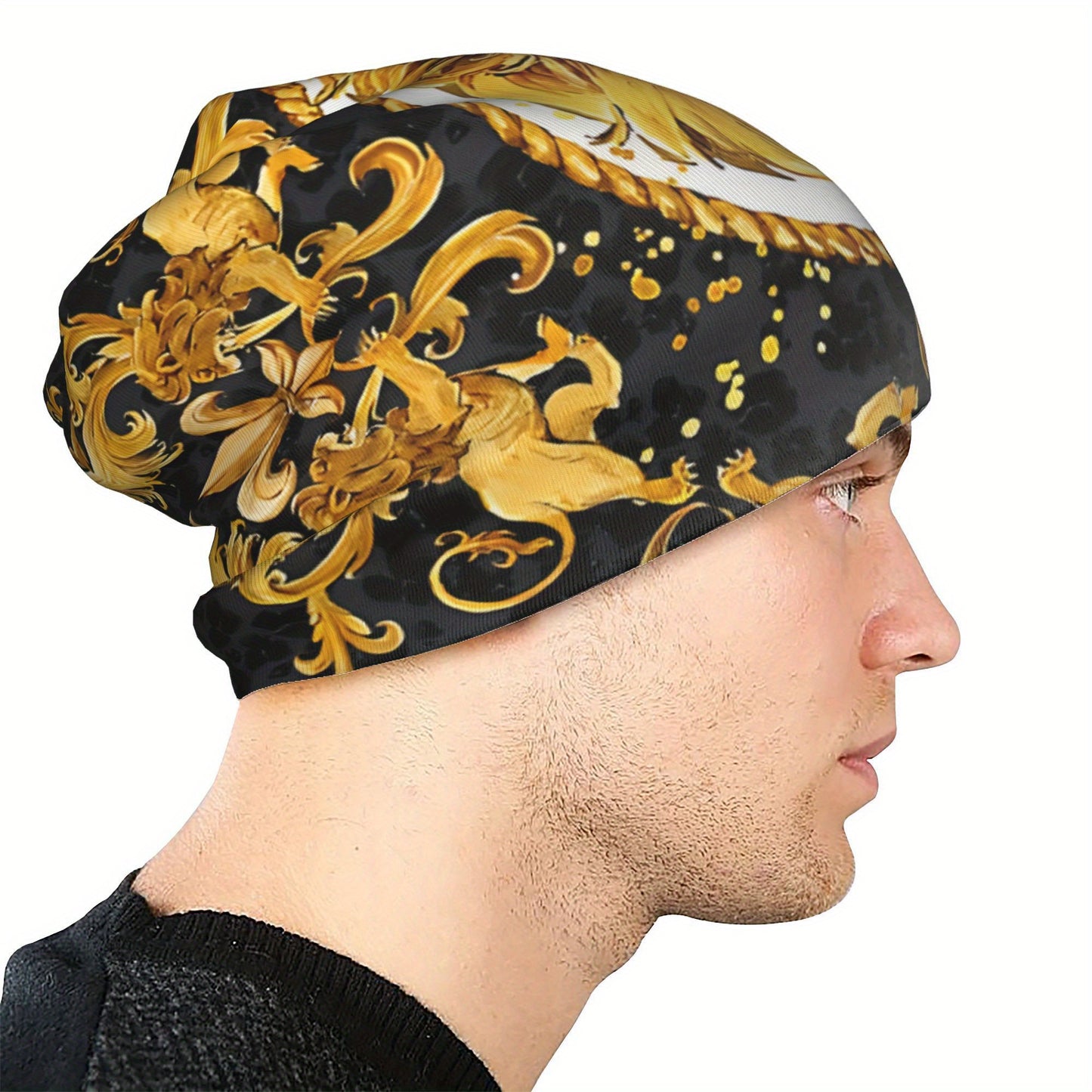 Lightweight Comfort | Golden Lion Damask Bonnet Hat for Men & Women – Lightweight, Stylish Hip Hop Beanie Cap with Ornate Golden Lion Design, Black Background with Rope Patterns, Perfect for Autumn & Spring Warmth