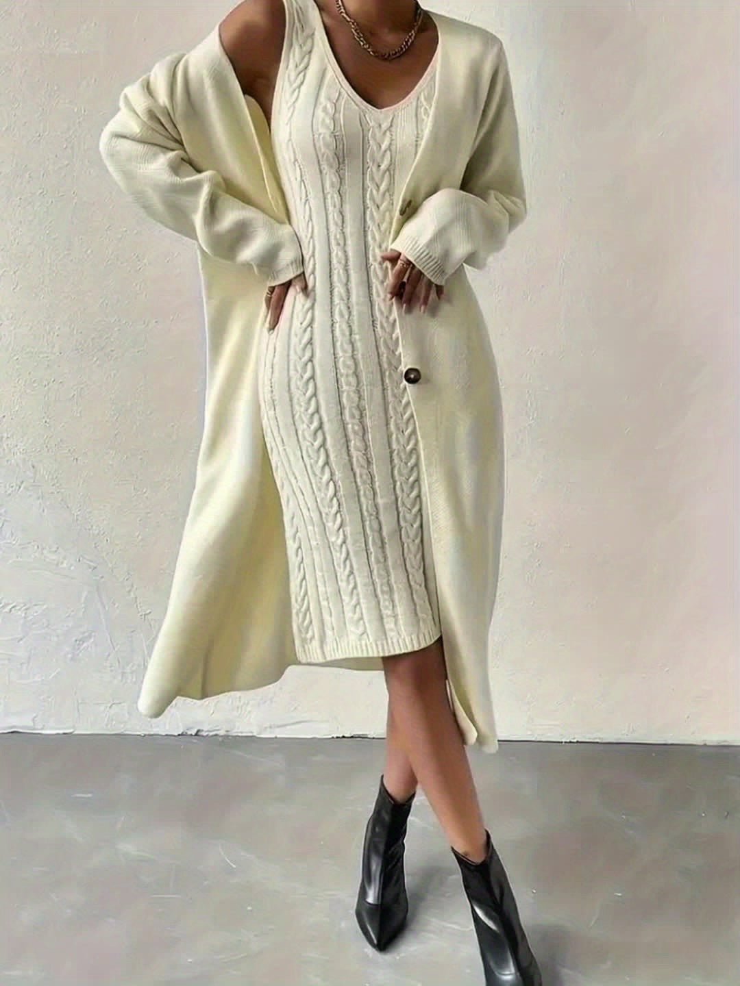 Solid Slouchy Elegant Dress Set, Button Up Long Sleeve Long Length Cardigan & Cable V-neck Sleeveless Slim Tank Dress Outfits, Women's Clothing