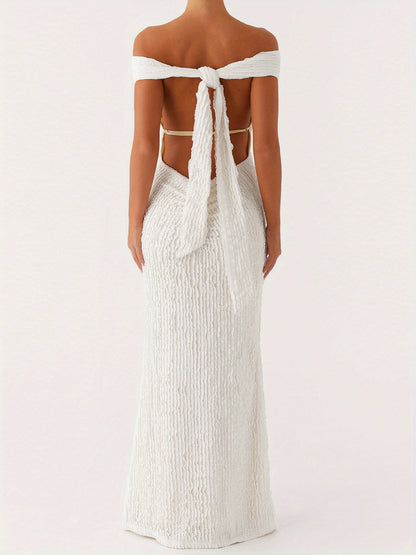 Women's Elegant Off-Shoulder Bodycon Maxi Dress - Formal Party Wedding Gala Evening gown with Tie Back Neckline, Machine Washable Long Dress for Women - Party, Wedding, Formal Events, Dresses for Wedding Guest