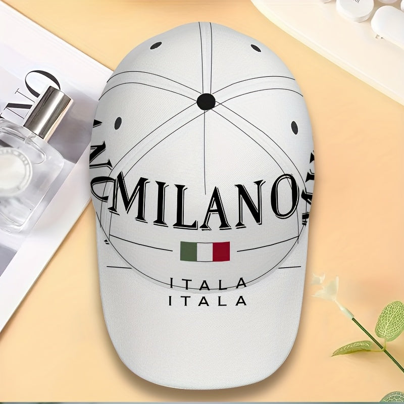 1pc 2D Milano Emblem Print Baseball Cap - Full-Body Vibrant Polyester Hat with Adjustable Snapback, Ideal for Outdoor Sports, Street Style & Running, Black with White Logo, Sports Cap | Stylish Headgear | Durable Headwear