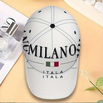 1pc 2D Milano Emblem Print Baseball Cap - Full-Body Vibrant Polyester Hat with Adjustable Snapback, Ideal for Outdoor Sports, Street Style & Running, Black with White Logo, Sports Cap | Stylish Headgear | Durable Headwear