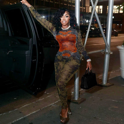 LUCKFOX Sexy Street Trend Digital Printing Long Sleeve Jumpsuit Women | Deep V Neck, Perfect for Spring/Summer/Fall