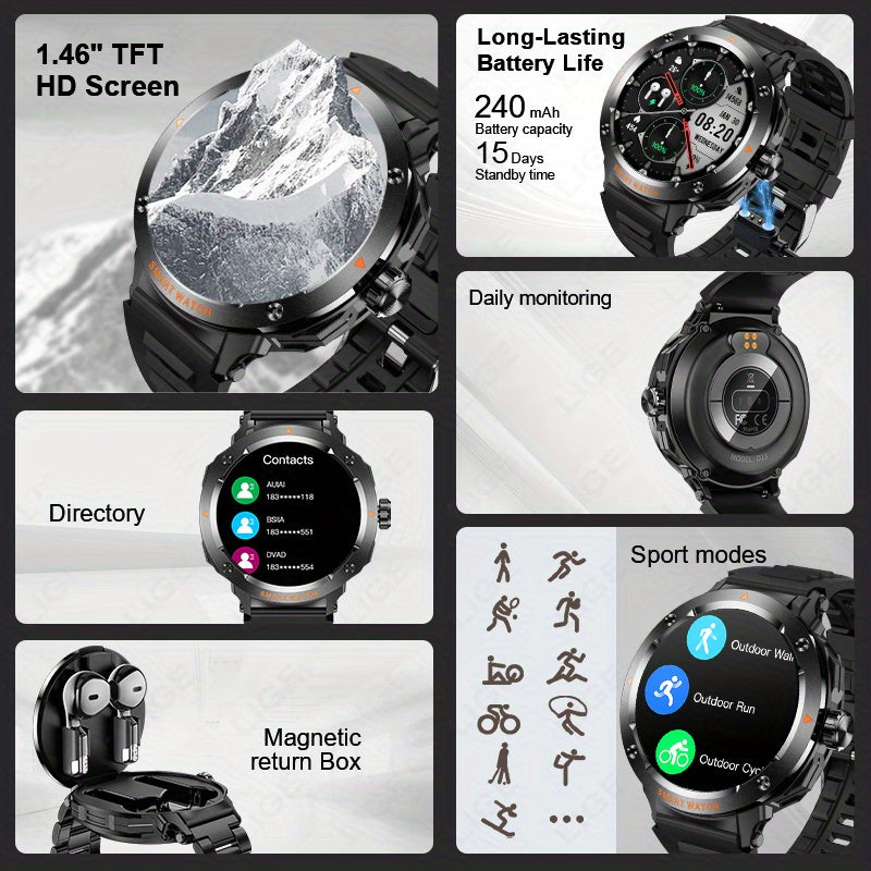 LIGE New Smartwatch with 2-in-1 Wireless Earbuds, NFC Access Card Function, Full Touch Control, - 1.46''TFT Screen, Fitness Tracker, Music Playback, Sleep Monitor, Weather Updates, Information Storage, Multiple Sports Modes,