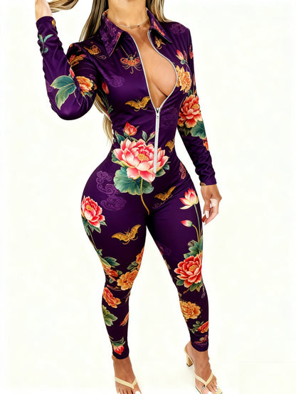 Women's Lightweight Full-Body Animal Print Jumpsuit - Zipper Front/Back Closure Long Sleeve Romper, Tight-Suit Style Collar, Machine Washable All-Season Outfit for Daily Wear, & Smart-Casual (Cute /Deer/Elastic Suit)