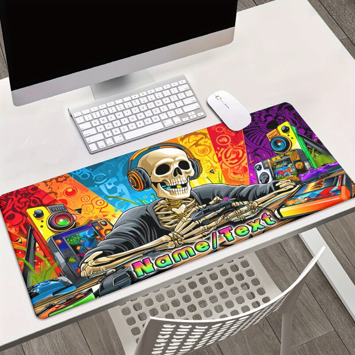 Customizable Skull Music Gaming Mouse Pad - XXL Multi-Functional Desk Mat with Vibrant Headphone & DJ Setup Design, Personalized Name/Text, Durable Rubber Base for PC, Office, Gaming - Unique Gift for Gamers & Music Lovers, M