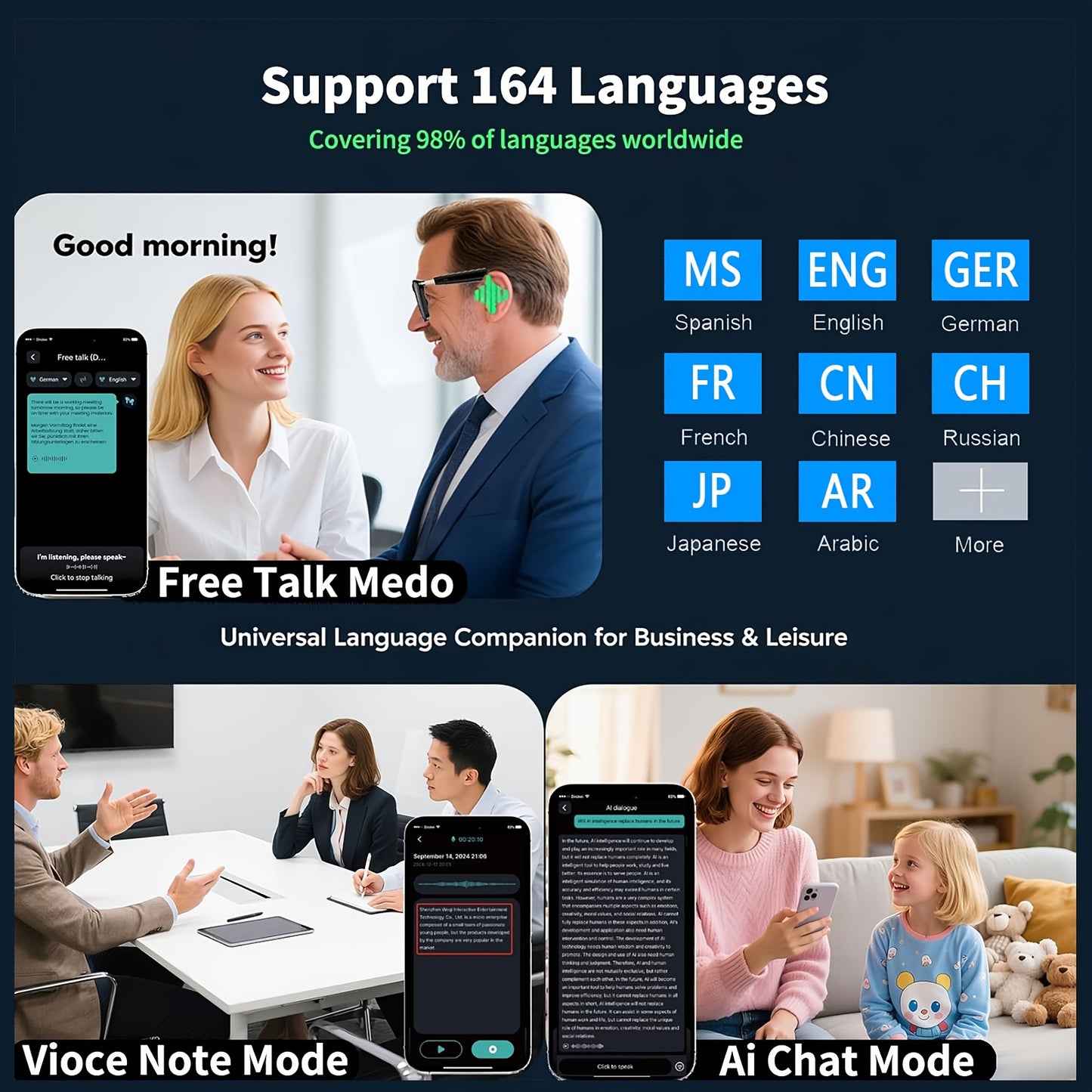 Ai Translation Smart Glasses, Multi-Functional Audio Glasses with 160+ Language Support, Built-in Microphone and Speaker, Music Playback & Voice Calls, Photochromic Lenses, Suitable for, Driving, Relaxing, and Daily Office We