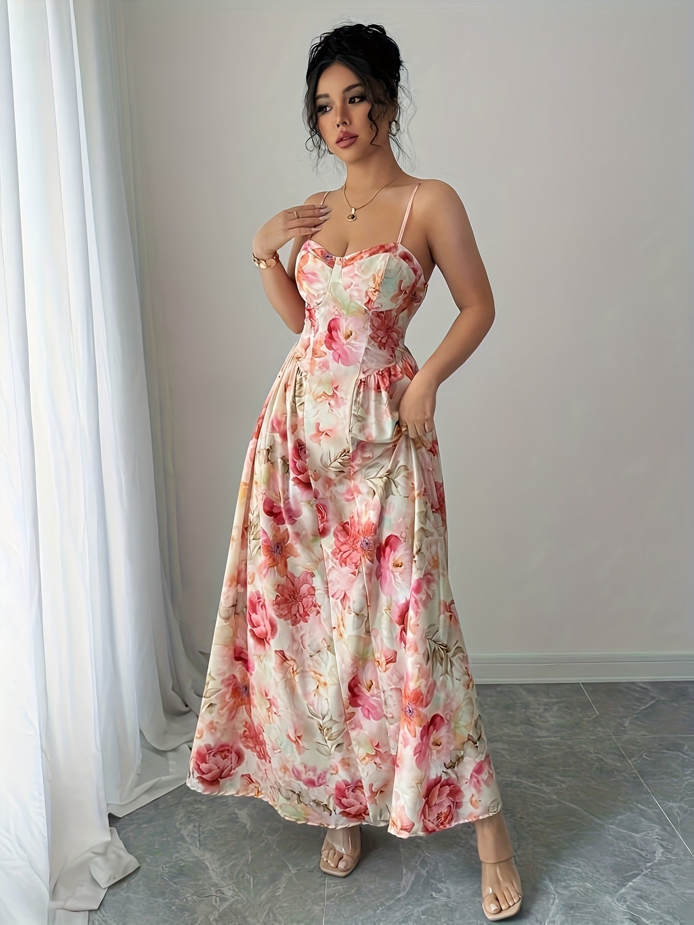 Print French-Inspired Off-Shoulder Maxi Dress with Ruffled Hem - Sleeveless, Cinched Waist, Flowy Design for Women - Perfect for Spring/Summer/Fall - Pink Floral Print on White, Cute Dress