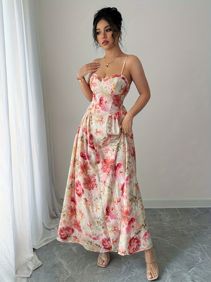 Print French-Inspired Off-Shoulder Maxi Dress with Ruffled Hem - Sleeveless, Cinched Waist, Flowy Design for Women - Perfect for Spring/Summer/Fall - Pink Floral Print on White, Cute Dress