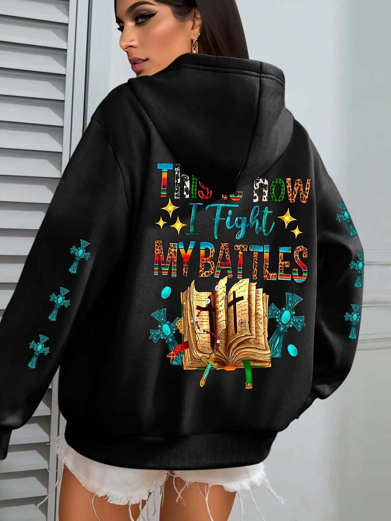 Women's Christian Bible Verse Hooded Sweatshirt "This Is How I Fight My Battles" with Cross & Prayer Hands Print - Winter Warm Hoodie, Long Sleeve Religious Apparel for Church, Prayer Meeting & Christmas (Gray) - Casual Faith
