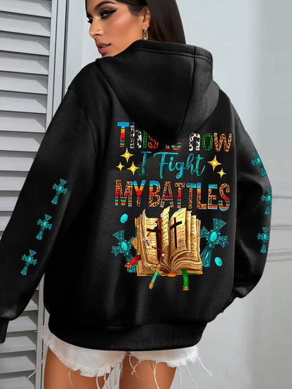 Women's Christian Bible Verse Hooded Sweatshirt "This Is How I Fight My Battles" with Cross & Prayer Hands Print - Winter Warm Hoodie, Long Sleeve Religious Apparel for Church, Prayer Meeting & Christmas (Gray) - Casual Faith