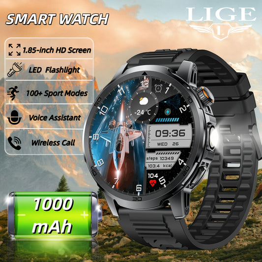 LIGE Men's Smart Watch, 1.85-Inch HD Screen Smartwatch, 1000mAh Battery, LED Lamp, 100+ Sport Modes, Bluetooth Call, Sleep Monitor, IPX8 High Quality Smart Watch for iPhone and Android, 2 Wristbands, USB and TYPE-C dual charg
