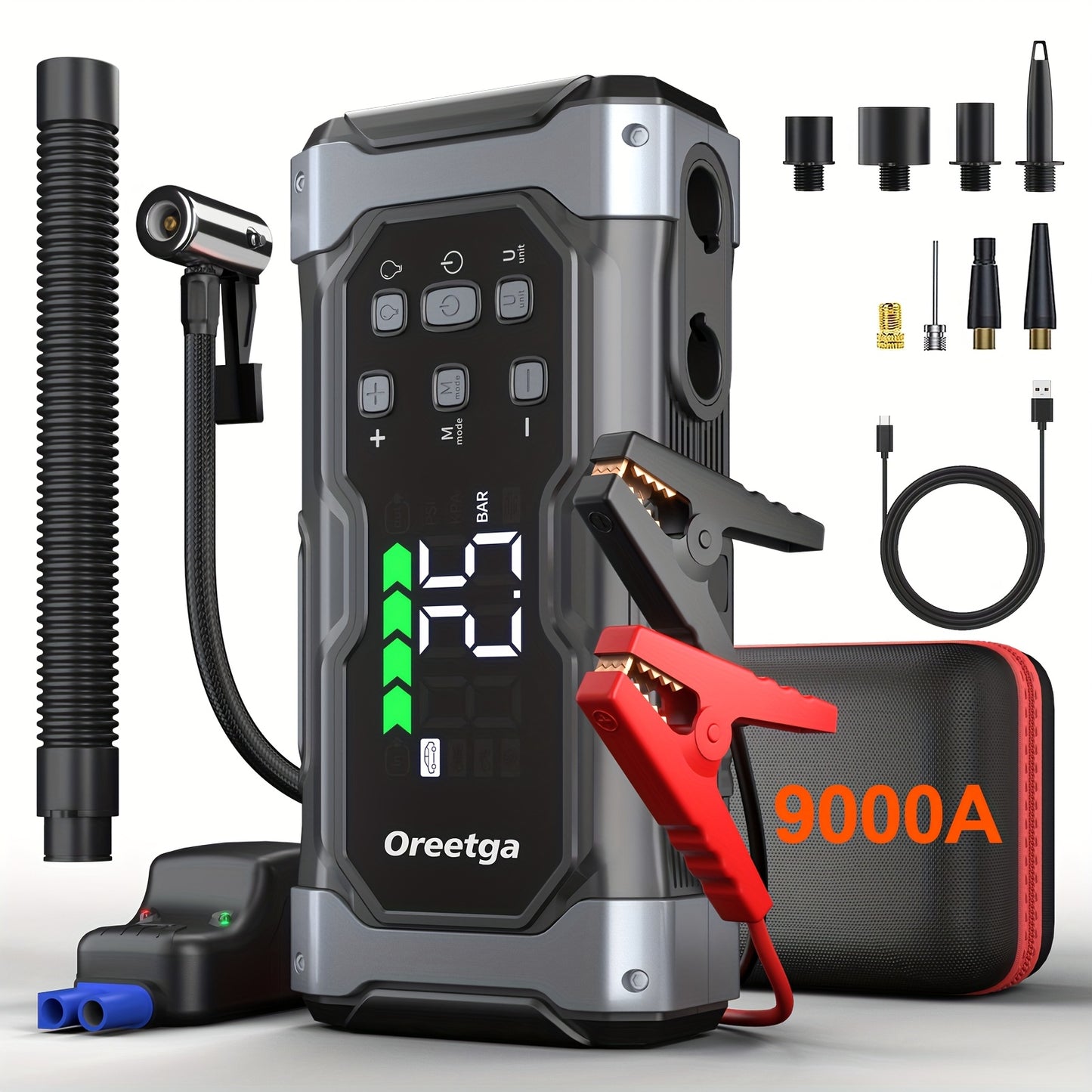 9000A Car Battery Jump Starter - Portable Power Pack with Extended Smart Jumper Cables, Quick Charge, Large Display, LED Lights, And Safety Protections for (All Gas/3.17gal Diesel) Engines, Start The Car Quickly, Jump Starter