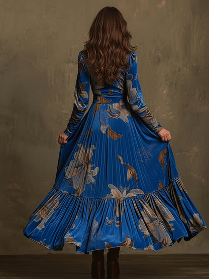 [Elegant V-Neck Maxi] Royal Blue Floral Waist-Tie Maxi Dress for Women | Retro Bohemian Style, Elegant V-neck, Perfect for Fall/Winter, Suitable for Vacation Outfits, Party Looks, and Light Occasion Ensembles