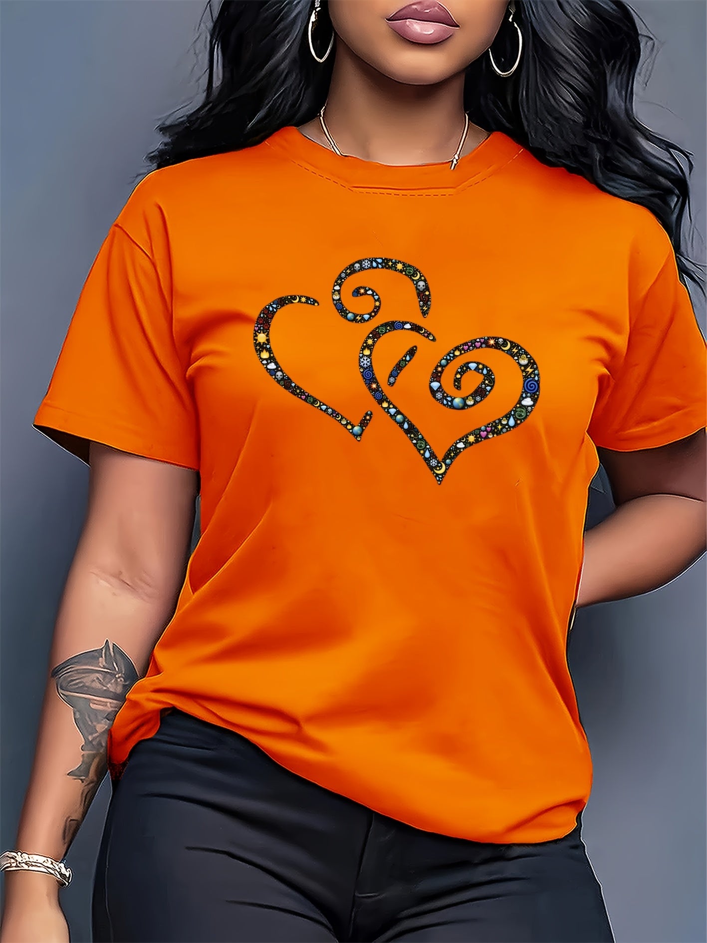 Women's Casual Short Sleeve T-Shirt with Rhinestone-Embellished Heart Print - Round Neck Relaxed Fit, Medium Stretch Fabric, Machine Washable, All-Season Versatile Top for Casual Attire & Vacations (S-XXL, Multi-Color Options