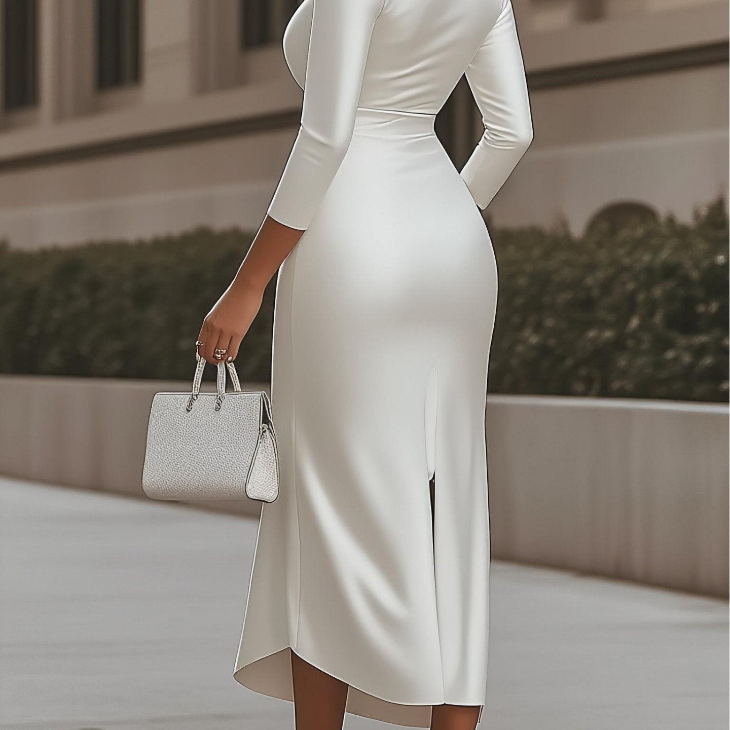 White Satin Deep V - neck Dress, Autumn & Winter Mid - sleeve High - waist Style, Asymmetric Hem, Suitable for Workplace Commute & Dinners