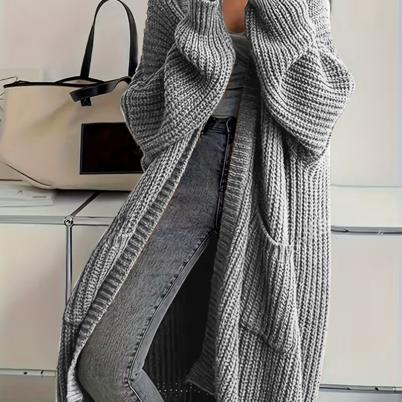 Plus Size, Solid Color Plus-Size Women's Long Pocket Cardigan Loose Over-the-Knee Sweater Coat Fashion Versatile Outerwear