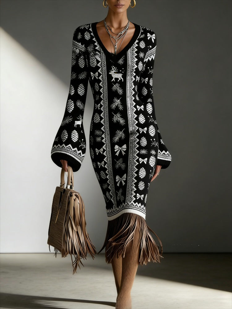 Cross-border New Autumn And Winter Sweater Dress, Floral Flower Printing, Sexy V-neck Long-sleeved Design, Fringed Hem Embellishment, Warm And Thin Temperament Commuter Bottom Dress