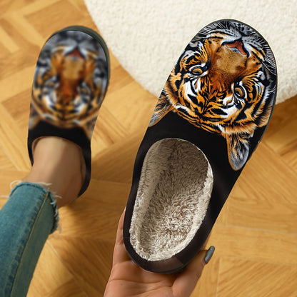 Women's Plush Thickened Winter Slippers with Tiger Face Animal Print - Soft Fabric Indoor House Shoes, Machine Washable Cozy Warmth for Cold Floors, Casual Elegant Design, EVA Cushioned Sole