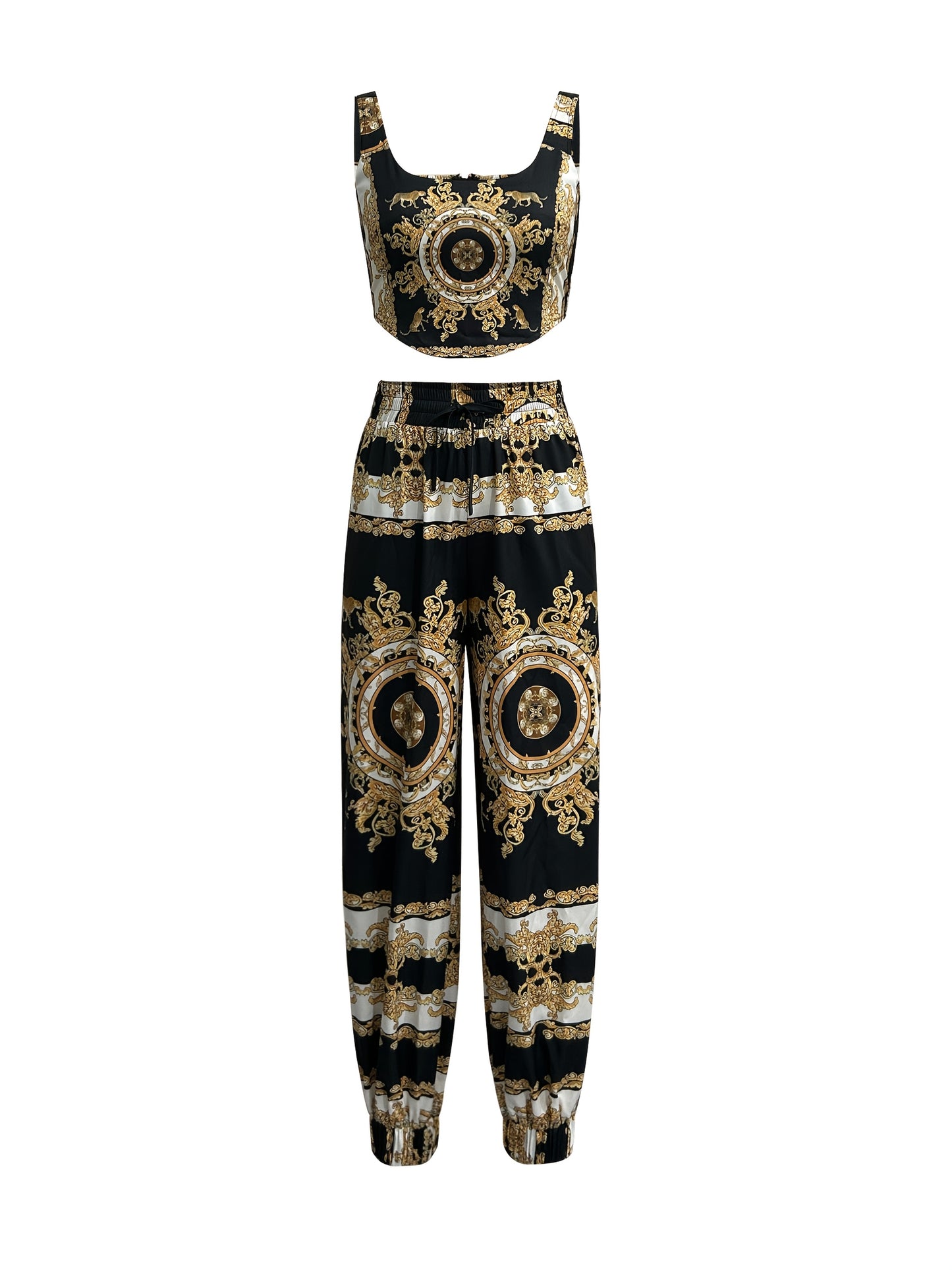 Women'S Stylish Black Paisley Print Tank Top And Drawstring Pants Set