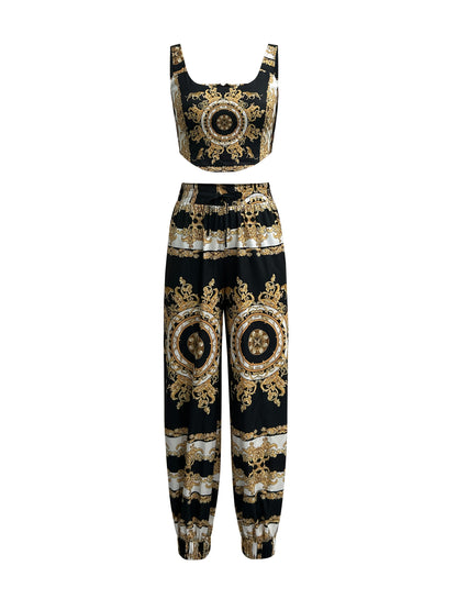 Women'S Stylish Black Paisley Print Tank Top And Drawstring Pants Set