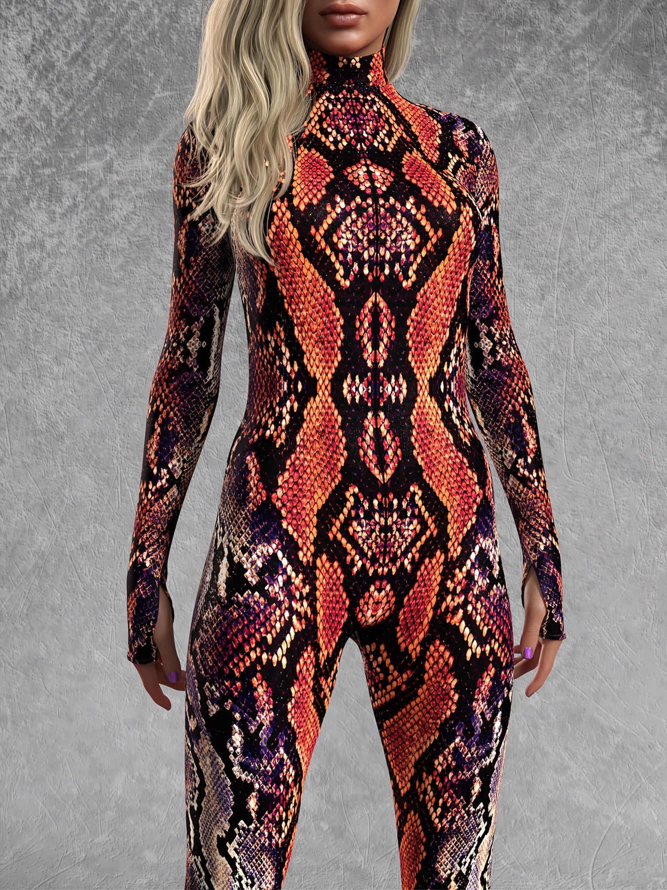 Women's Full-Length Snake Onesie Jumpsuit - Skinny Fit Turtleneck Long Sleeve with Front Zipper Closure, Brown/Black/Golden/Red Realistic Snake Scale Texture, Machine Washable Elastic Costume for Parties, Music Festivals & Wi