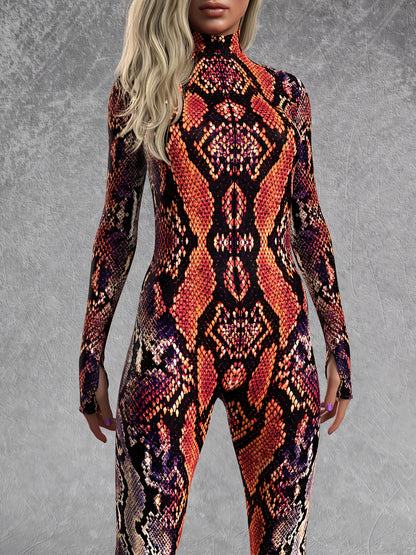 Women's Full-Length Snake Onesie Jumpsuit - Skinny Fit Turtleneck Long Sleeve with Front Zipper Closure, Brown/Black/Golden/Red Realistic Snake Scale Texture, Machine Washable Elastic Costume for Parties, Music Festivals & Wi