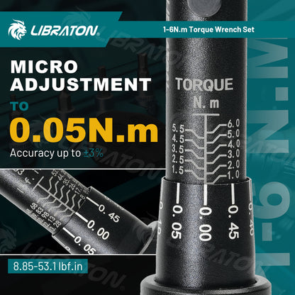 LIBRATON 1/4'' Torque Wrench Set, 1-6Nm Suitable for Bike, 0.05Nm Micro Drive Click Torque Wrench Set, Bicycle Maintenance Kit with Hex, Torx/Star Bit Sockets, Extension Bar Kit, Gift for Boyfriend, Dad, for Man