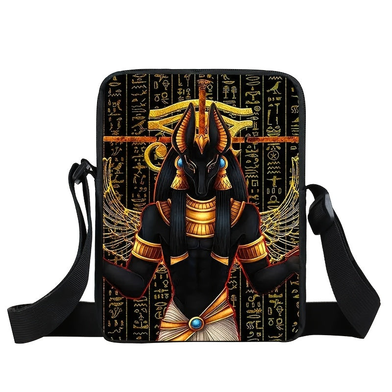 1pc Ancient Egyptian Anubis & Pharaoh Polyester Crossbody Bag, Casual Religious Theme Messenger Shoulder Bag with Zipper Closure, Hand Washable, for Women - Travel Wallet with Phone Holder