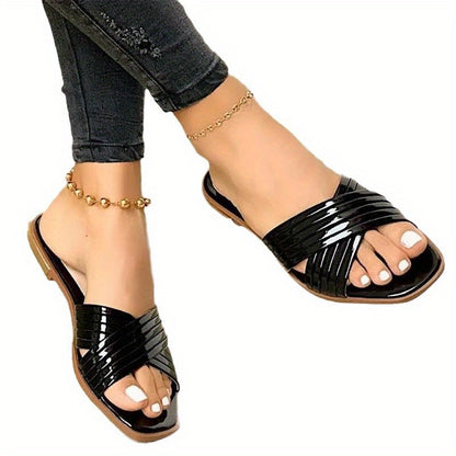 Women's Slip- Comfortable Flat - Open-Toe Mules with Arch & Cushioned Insole, Low-Heel PU Sole, Golden Buckle Strap - Casual to Formal Summer Shoes (EU 36-43, US Women's 5-10) - Ideal for Beach, Office, Semi-Formal Events - E
