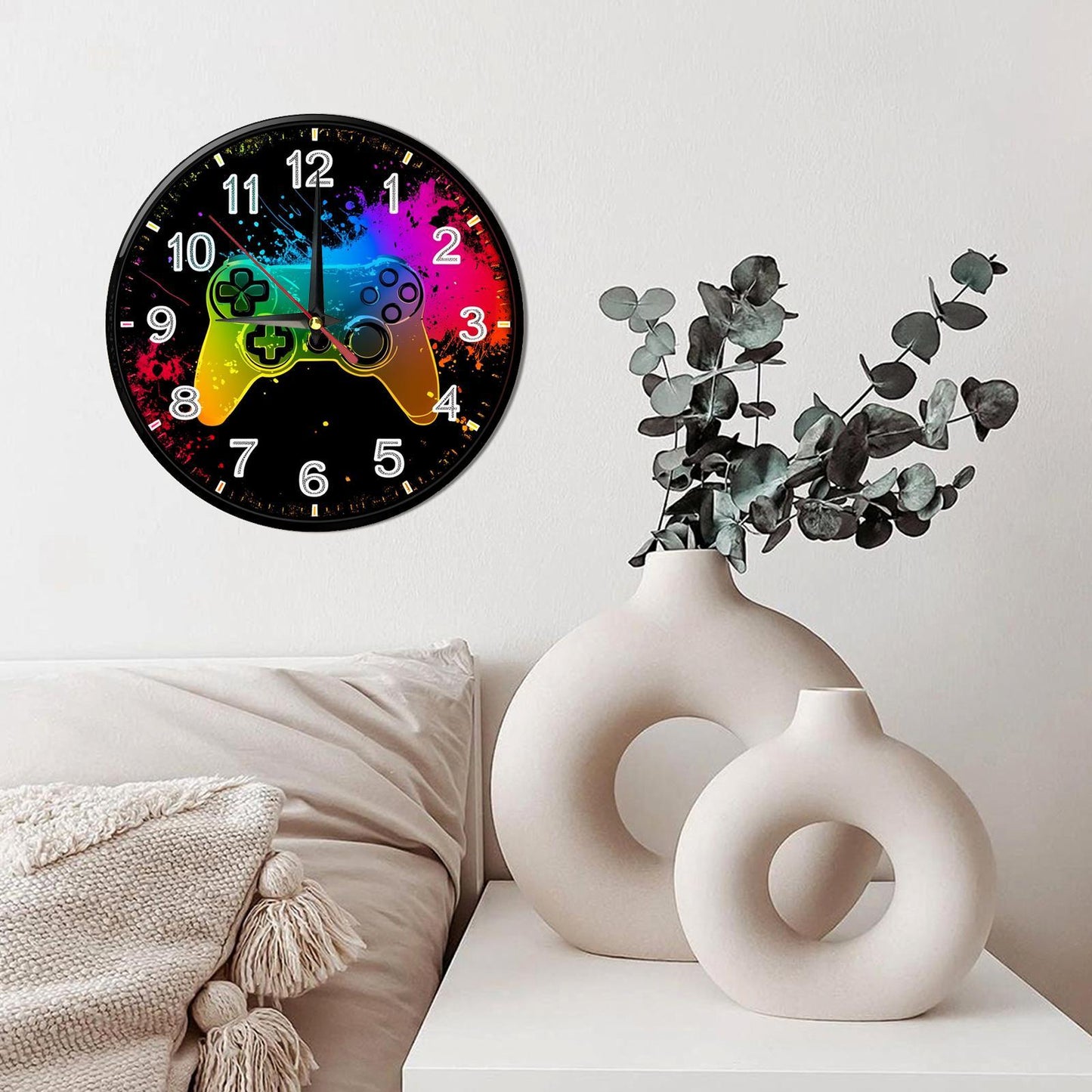 Non-Electric 2D Retro Game Theme Wooden Round Wall Clock, Farmhouse Style Home Decor for Kitchen, Bedroom & Office, Silent Operation, Battery Not Included, Halloween and Christmas Gift, 9.8x9.8 Inches, Holiday Gift, Bedroom D