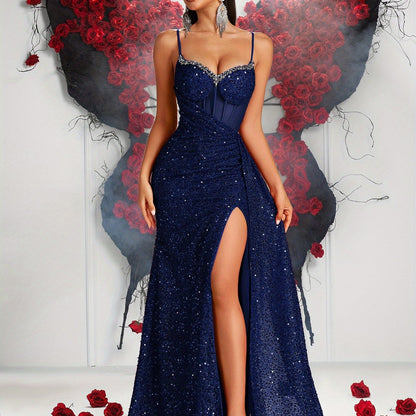 Sequin Spaghetti Strap V-Neck High-Waist Long Dress with Hollow-Out Back and Side Slit | Elegant Bodycon Evening Gown for Parties and Banquets
