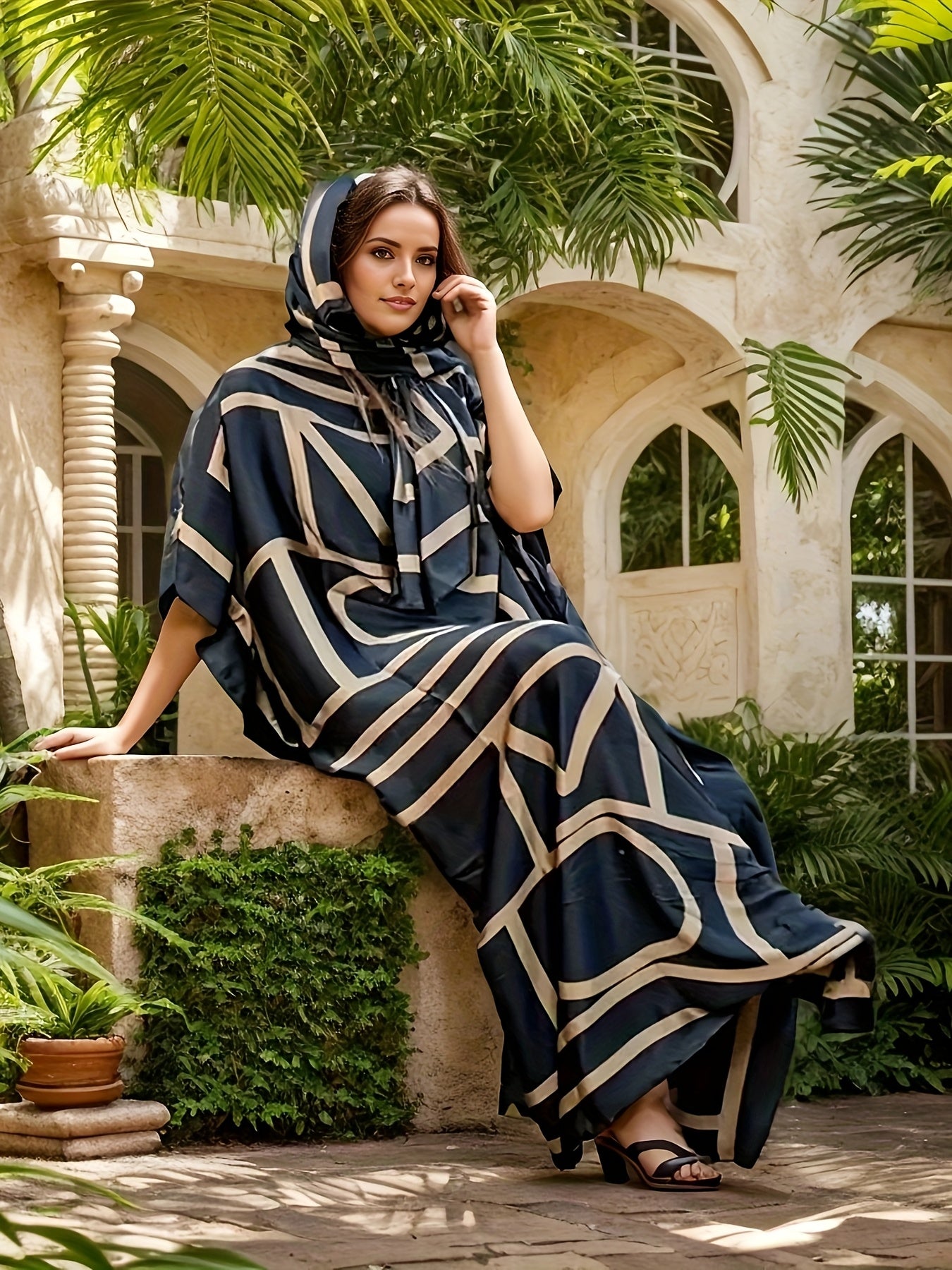 Plus Size - Elegant Black And Golden Geometric Letter Print Kaftan Dress - Comes with a Matching Headpiece | Ideal for Chic Everyday Outfits And Fashion Occasions