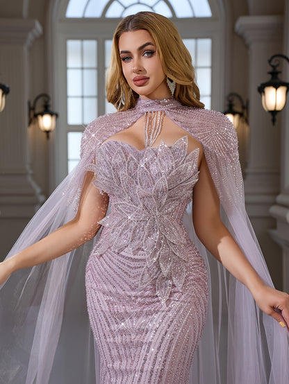 An Elegant And Sexy Evening Gown Featuring a High Neckline, 3D Petal Appliqués, And Flowing Tassels, Adorned with Sequins And Lace on The Bodice