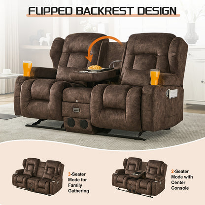 68" Rocker Recliner Loveseat Sofa with Console - Manual Reclining Rocking Chair, Faux Leather, USB Outlets & Side Pockets, Metal Frame, 110-240V Plug Powered