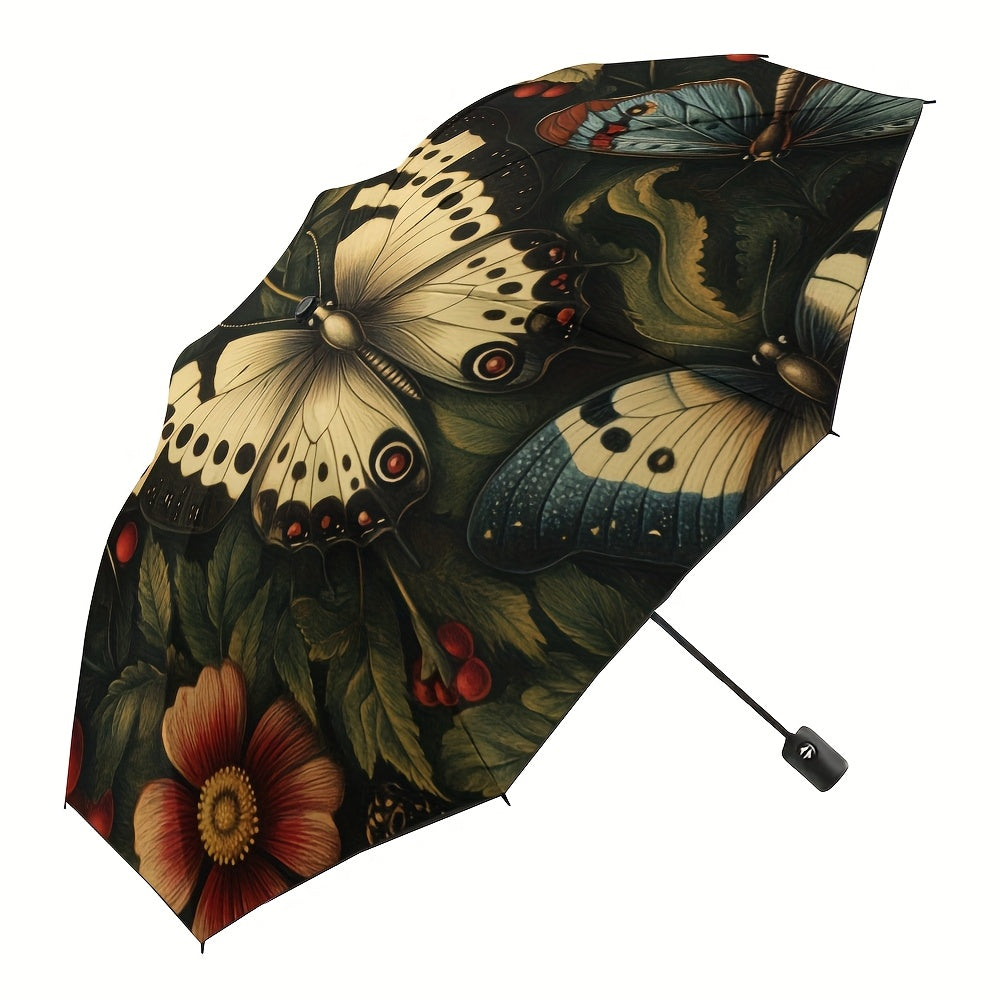 1pc Open/Close Compact Umbrella with & Heavy-Duty 8-Rib Frame - & Forest Bloom Pattern (Butterflies/Tortoiseshell) - Portable Folding Umbrella for s, &, Fits in Briefcase/ Box -